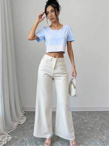 Blusa elegante de mujer de manga corta con cuello redondo y detalle de bordado en tejido elástico medio - Azul - Ver 5