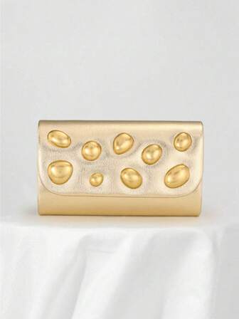 下班后女士优雅时尚金属装饰皮革翻盖晚宴手拿包，适合派对、婚礼、舞会、正式场合，配有链带