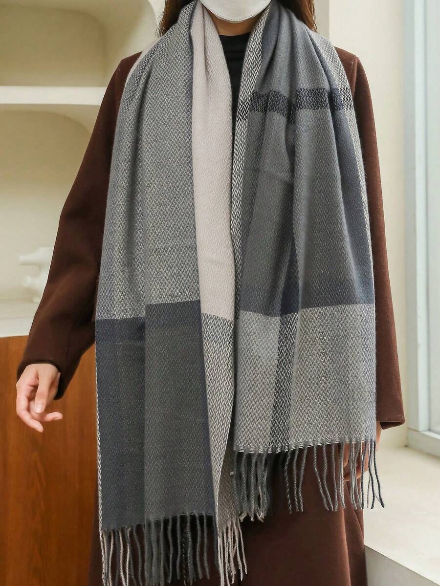 1pc Women's Square Color Block Fringed Minimalist Knit Scarf, Suitable For Autumn/Winter - 65GZ16-hUI - View 1