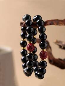 1pc Luminous Flint Stone Beads Bracelets Jade Beaded Bracelet Obsidian Elastic Bracelet Fashion Men Women Elastic Yoga Charm Bracelet (8mm) - Grey - View 10