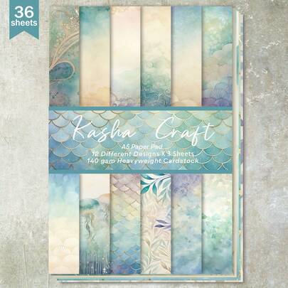 36 feuilles A5 de papier scrapbooking avec fond d'écailles de méduse bleues, convient pour les bullet journals, les collages, les cartes, les scrapbooks et les loisirs créatifs