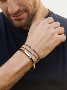 3pcs/Set Men Stainless Steel 18K Gold Plated C-Shaped Adjustable Bracelet With Chain, Suitable For Daily Wear, Father Day, Valentine Day, Anniversary, Boyfriend Birthday Gift - 銀色 - 查看 11