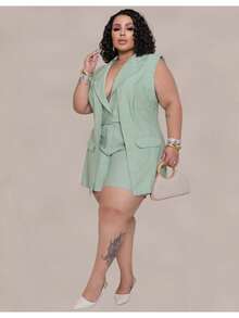 Women's Premium Plus Size Double Vest And Short Set - Mint Green - View 4