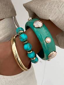 Set de 3 piezas de pulseras de metal con arco geométrico, perlas falsas y conchas, de estilo bohemio. Pulseras elegantes y lujosas para uso diario, casual o de fiesta, como regalo de joyería para mujeres.