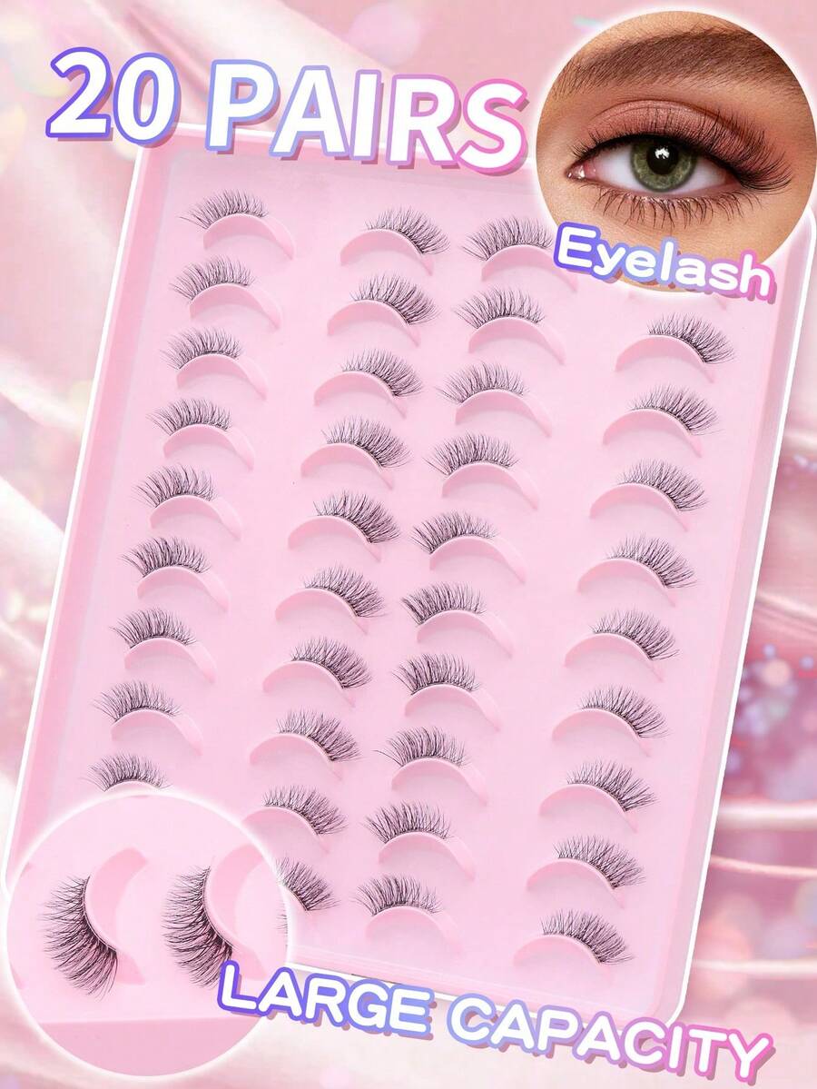 20pcs Professional Cat Eye False Eyelashes Set - 3D Fluffy Mink Effect, 5-7-10mm Mixed Layers | Ultra-Thin Invisible Lash Band, Extended Lash Tips, Create Natural Enlarging Eye Effect, Designed For Small Eyes | Reusable Waterproof Lashes, Naturally Curled - Black - View 1