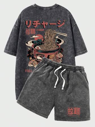 Shwiy 2PCS Set Men's Vintage Washed Black Short Sleeve T-Shirt And Drawstring Shorts, Minimalist Fashion Outfit,Suitable For Spring And Summer Daily Wear, Anime/Manga Graphic Print T-Shirt, Ideal Gift For Otaku