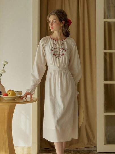 Simple Retro Women's Spring Summer Casual V-Neck Collision Rose Embroidery Tie White Elegant Retro Temperament Valentine's Day Long Dresses