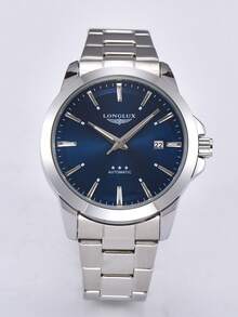 LONGLUX 1 件男士自动机械防水日历钢带蝴蝶扣商务手表，高端