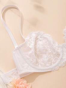 Wingslove 女士薄纱蕾丝花卉图案文胸，无衬垫无钢圈半罩杯文胸 - 白色 - 查看 7
