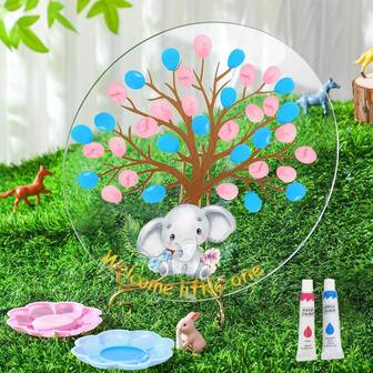 性别揭秘指纹树留言簿、性别揭秘游戏、男孩或女孩性别揭秘装饰礼品创意、婴儿洗礼派对用品（大象）