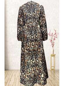 Rochie maxi cu imprimeu leopard, mânecă lungă pentru femei, material țesut, neelastică