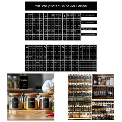 201 Spice Jar Labels - Black Preprinted Minimalist Waterproof Stickers Kitchen Jars, Herb Seasoning Labels Pantry Organization