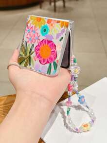 Fashionable Minimalist Matte PC Material Foldable Phone Case With Colorful Floral Elements, Matching Bracelet, Effective Protection Against Drops, Compatible With Samsung Galaxy Zflip 3/Zflip 4/Zflip 5/Zflip 6/Zflip 7, OPPO Find N3 Flip, Razr 50 Ultra/Razr 60 Ultra/Razr 60/Razr 50, MIX Flip, Galaxy Z Flip7 FE - Clear - View 9