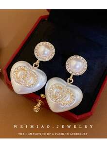 1 pieza Pendiente y collar de mujer con perla en forma de corazón - Combinación de joyas única y temperamental