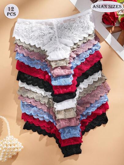 12条装纯色女士低腰三角内裤，性感蕾丝波浪边，可爱甜美休闲风格，多种颜色可选，适合假日婚礼，多巴胺网眼设计，舒适亲肤，黑色内裤，红色短裤，仙女风女士日常内裤。