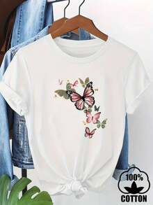 Camiseta de manga corta con estampado completo para mujer - Cuello redondo casual, diseño de mariposa con flores rosas y negras, tejido transpirable y duradero, lavable en máquina, moda para todas las estaciones, camiseta de moda para todos los días | Camiseta de moda con estampado floral | Camiseta duradera - Blanco - Ver 2