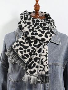 1pc Men's Casual Versatile Fashionable Leopard Print Tassel Scarf/Neck Warmer, Suitable For Winter Everyday Wear