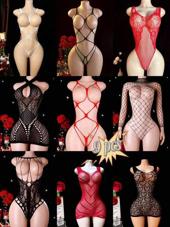 9-Piece Set Women Hollow Dress Fishnet Sexy Lingerie For Romantic Nightwe