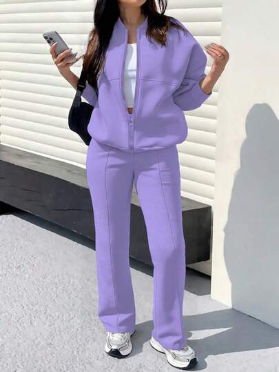 2pcs Casual Solid Color Sweatshirt Jacket Top And Straight Leg Pants Set, Soft Fleece Fabric, Suitable For Spring, Autumn And Winter