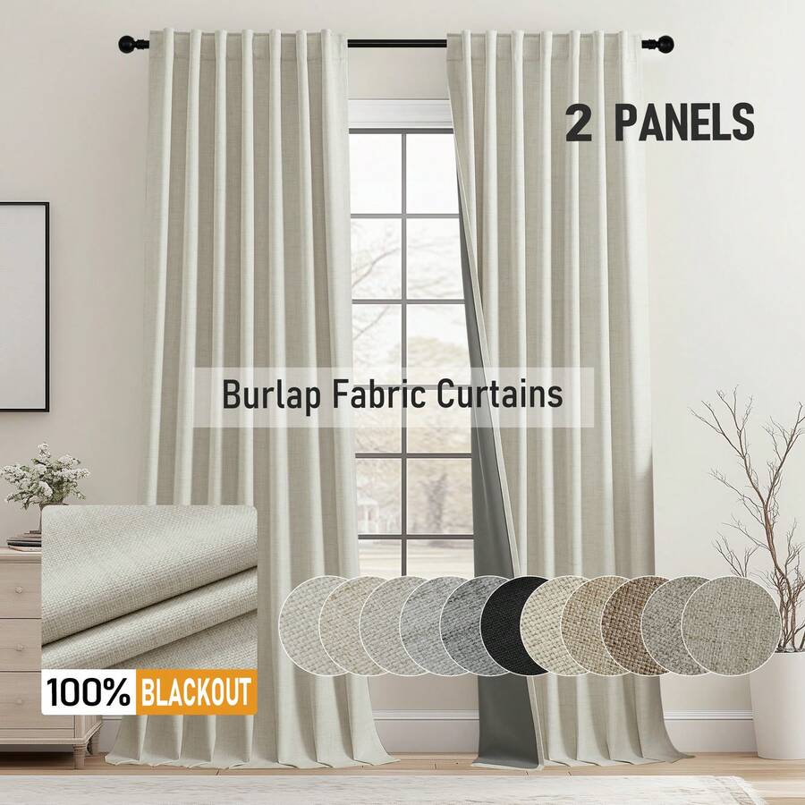100% Blackout Curtains Thick Linen-Like Back Tab Curtains Burlap Window Treatment Thermal Insulated Privacy Protection Boho Drapes For Living Room Bedroom Dining Room - 米色 - 查看 1