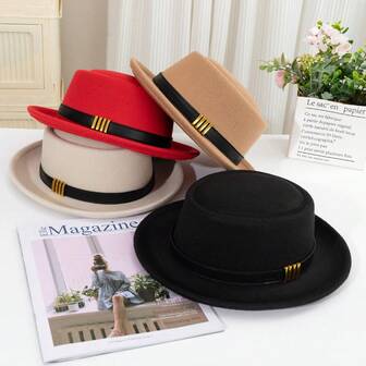 1pc Women's Four-Ring Leather Belt Layered Indented Brim Felt Hat, Fashionable, Elegant, Suitable For Everyday And Holiday Wear