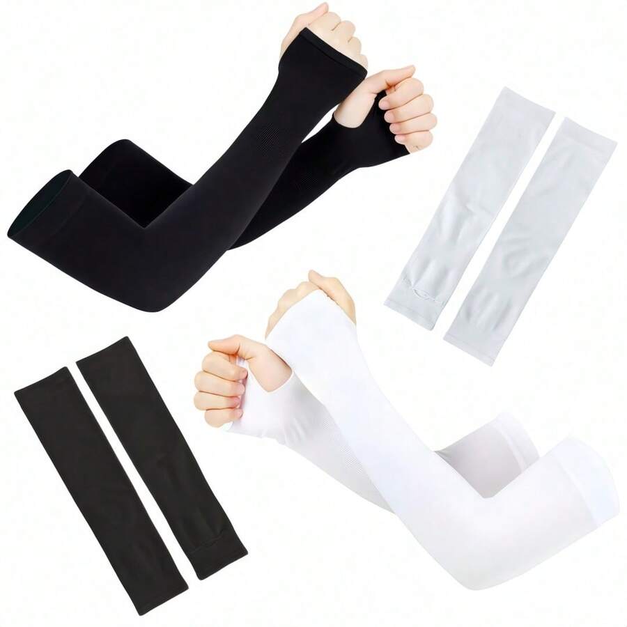 Set de 3 pares de mangas deportivas lisas unisex con protección solar UV, efecto refrescante y alta elasticidad – colores enviados al azar. Diseñadas con tejido transpirable y suave, ofrecen un ajuste cómodo y flexible que se adapta a cualquier tipo de brazo sin apretar. Su material con tecnología de enfriamiento mantiene la piel seca y fresca, reduciendo la temperatura corporal entre 3 °C y 5 °C durante la actividad física o la exposición prolongada al sol. Perfectas para ciclismo, correr, manejar, jugar golf o realizar actividades al aire libre. Cuentan con refuerzo en los bordes, costuras suaves y una textura lisa y elegante que brinda una apariencia moderna y funcional. Ideales para hombres y mujeres que buscan comodidad, estilo y protección en un solo accesorio. - Blanco y Negro - Ver 1