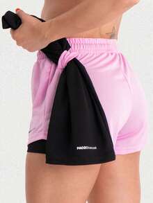 2 Women's Double Gym Shorts With Pocket Bermuda Shorts For Training, Walking And Other Sports - Black+Pink - View 8