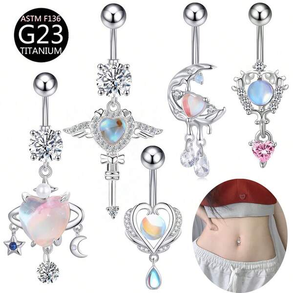 Anillo de ombligo con colgante en forma de corazón con estrella y luna de titanio G23, anillo de ombligo de aleación de titanio F136 perforado