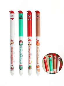 4 pezzi Nuovo set di penne gel natalizie, penne cancellabili con cappuccio a cartone animato, con impugnatura comoda e gomma incorporata, adatte per la scrittura e gli esami dei bambini