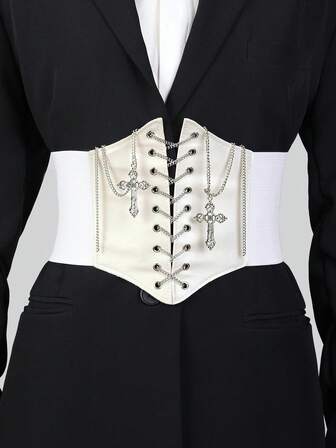 1pc Black Elastic Bondage Cross Chain Waist Belt, Versatile Y2K Baddie Style