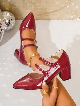 Plusstorlekar Dammode Spetsiga Slip-On Mary Jane Högklackade Skor, Eleganta Pendelskor med Grov Klack, Vår/Höst