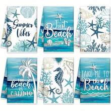 6pcs Summer Beach Coastal Ocean Kitchen Dish Towels - 18x26 Inch Absorbent Polyester Hand Towels With Vibrant Beach-Themed Designs (Starfish, Seashells, Palm Trees) For Bathroom & Kitchen Decor, Machine Washable, Beach Theme Decor, Dish Towels For Kitchen, Bathroom Essentials, Modern Towel Design, Durable Fabric - White - View 1