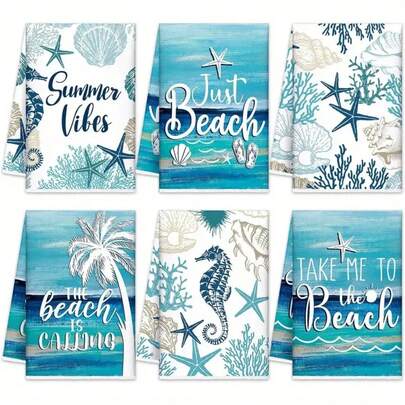 6pcs Summer Beach Coastal Ocean Kitchen Dish Towels - 18x26 Inch Absorbent Polyester Hand Towels With Vibrant Beach-Themed Designs (Starfish, Seashells, Palm Trees) For Bathroom & Kitchen Decor, Machine Washable, Beach Theme Decor, Dish Towels For Kitchen, Bathroom Essentials, Modern Towel Design, Durable Fabric