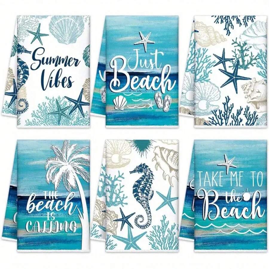 6pcs Summer Beach Coastal Ocean Kitchen Dish Towels - 18x26 Inch Absorbent Polyester Hand Towels With Vibrant Beach-Themed Designs (Starfish, Seashells, Palm Trees) For Bathroom & Kitchen Decor, Machine Washable, Beach Theme Decor, Dish Towels For Kitchen, Bathroom Essentials, Modern Towel Design, Durable Fabric - White - View 1