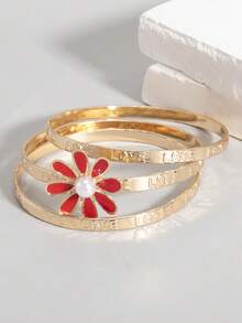 3 قطع سوار أطفال بنات من 3-9 سنوات مزين بالزهور اللؤلؤية متعدد الطبقات فاخر