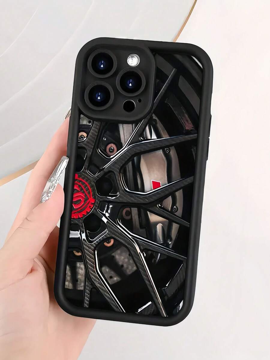 Car1pc 黑色机械轮毂图案全覆盖 TPU 防震手机壳，兼容 16、15、14、13、12、11 Pro Max 及系列