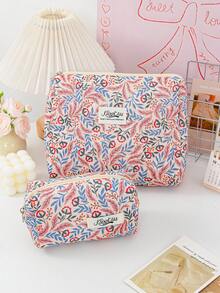 1 Piece Vintage Flower Pattern Cosmetics Bag Quilted Design Makeup Handbag Print Travel Cosmetics Bag Large Capacity Home Sundries Organizer Bag Set - Brown - View 6
