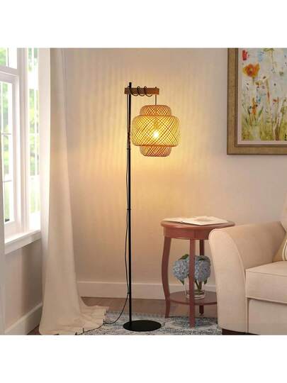 Alpinaluz "ANJA" Vloer Lamp Made Of Wood Wicker Bamboo Shade, Foot Switch, Moderne Living Room Or Kitchen view 4