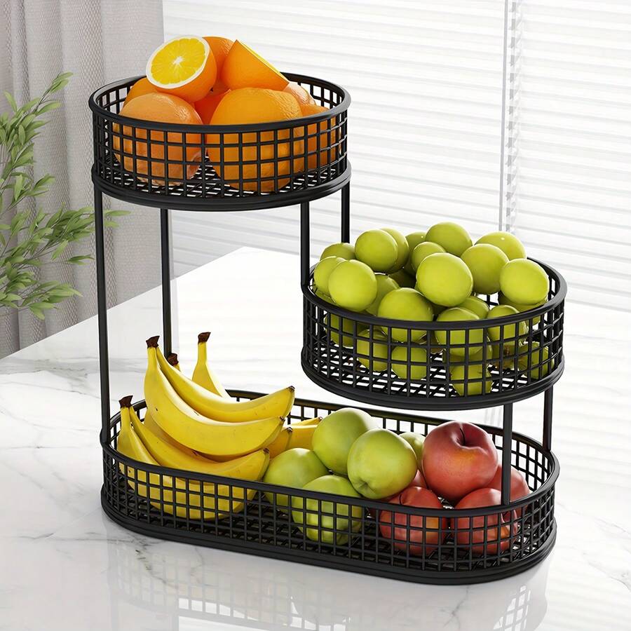 EZIFY 3-Tier Black Metal Fruit Basket (Large Capacity, Lid), Rustproof For Fruits/Veggies/Snacks - 黑色 - 查看 1