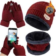 Gorros para Hombre Guantes para Frio Bufanda Hombre Gorro y Bufanda Guantes de lana Hombre Gorros para Frio Mujer Gorro Invierno Hombre Regalos para Hombre(Juego de 3 piezas-Rojo) - Tipo 4 - Ver 2