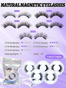 5对磁性睫毛配白色夹子，浓密自然卷翘，适合日常、通勤、约会、派对、混合风格 - 黑色 - 查看 3