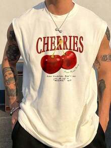 Men's Oversized Cherry Print Tank Top With Casual Cherry Print - Beige - View 2