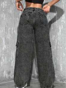 Wide Leg Graphite Cargo Jeans For Women New Release Simple Casual Jeans Zipper Pocket Button School - Dark Grey - View 3