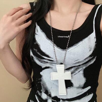 1pc Vintage Punk Silver Cross Pendant Necklace, Double Layer Crystal Beaded Long Choker Necklace