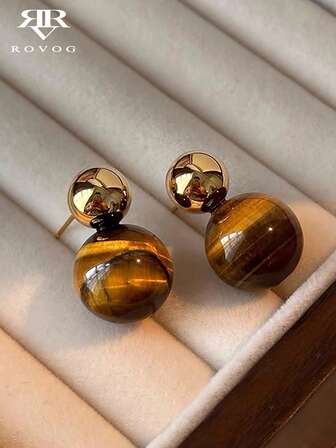 1 Pair Minimalist Elegant Luxury Retro French Style Tiger Eye Stone Amber Color Round Ball Design Unique Earrings, Suitable For Women's Party And Events