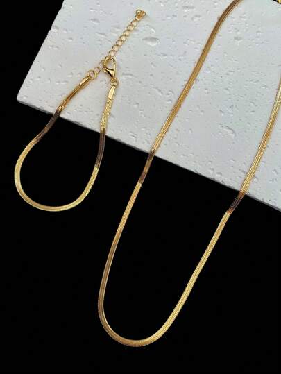 1pc Stainless Steel Bracelet & 1pc Stainless Steel Chain Necklace Set, Minimalist & Elegant Vacation Jewelry