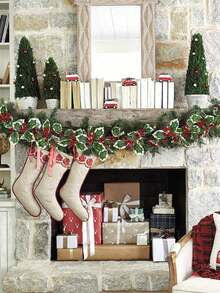 1 pieza Guirnalda de Navidad artificial de 5.8 pies con bayas rojas, hojas de acebo y decoración de flores de ratán para la decoración del hogar