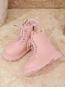 1 双哑光粉色女童中筒靴，防滑橡胶软底，增高，金色鞋眼，前系带，侧拉链，圆头，柔软 PU，纯色，适合 3-15 岁女孩，日常、休闲、上学、度假、旅行、派对，2025 年秋冬新款 - 粉色 - 查看 7