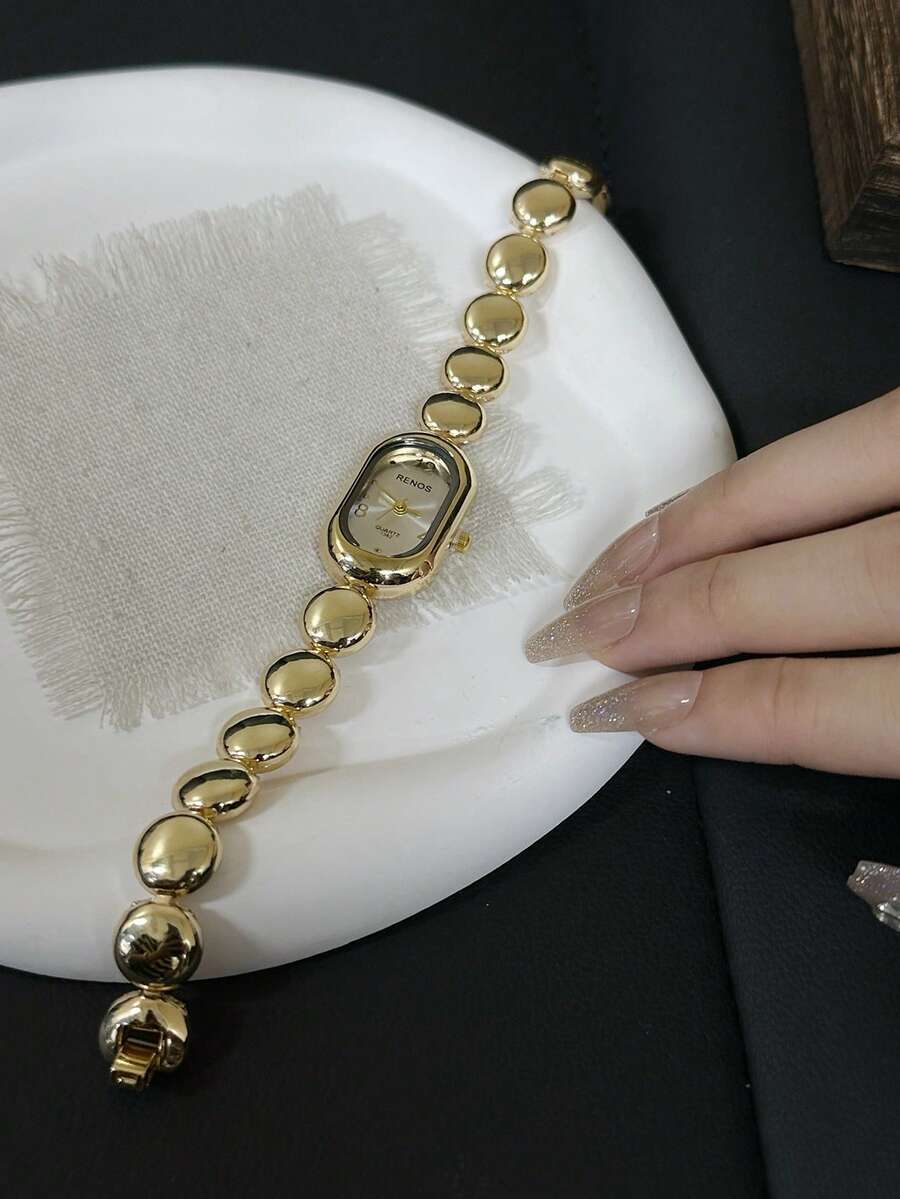 1pc New Fashion Oval Dial Women'S Watch, Retro, Elegant, Simple Style, Adjustable Strap Is VSuitable For Daily Wear, Birthday Gifts, Parties, Holiday Gatherings, New Year's Gift - Gold - View 1