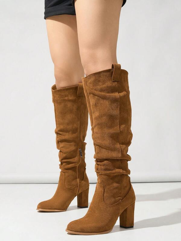 بوت نسائية ذات لون أحادي كاجوال بطراز كلاسيكي، قماش فينتاج مع سحاب جانبي وكعب سميك، مناسبة للمكتب والخارج، للربيع/الخريف/الشتاء